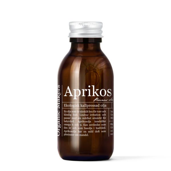 Aprikoskärnolja ekologisk kallpressad 150 ml i glasflaska med kork - organicmakers.se