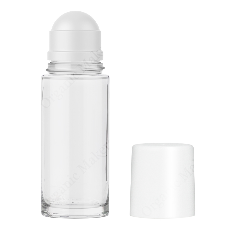 Glasflaska för deodorant med roll-on och vit kork