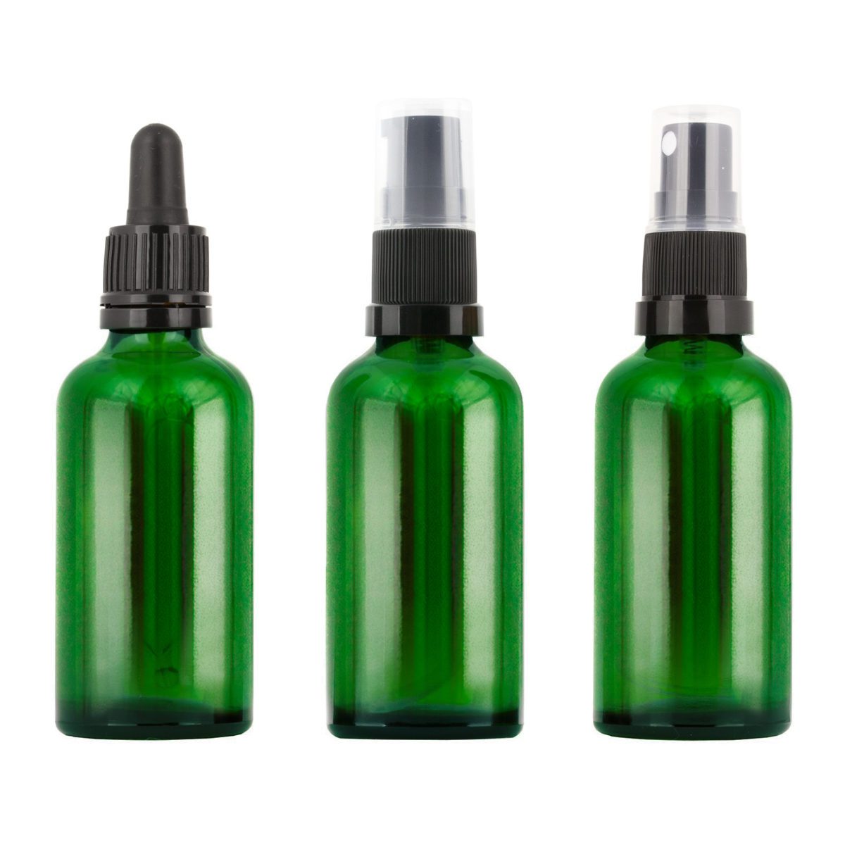 Flaska i grönt glas med pipett, pump eller spray