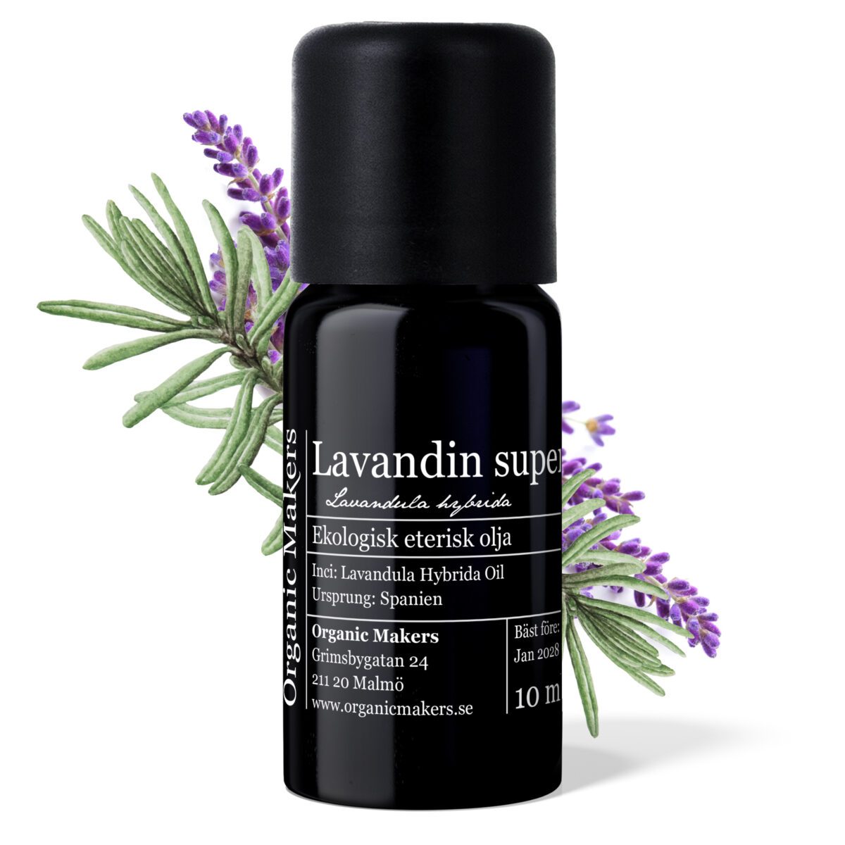 Lavandin super eterisk olja i uv-skyddande glasflaska.