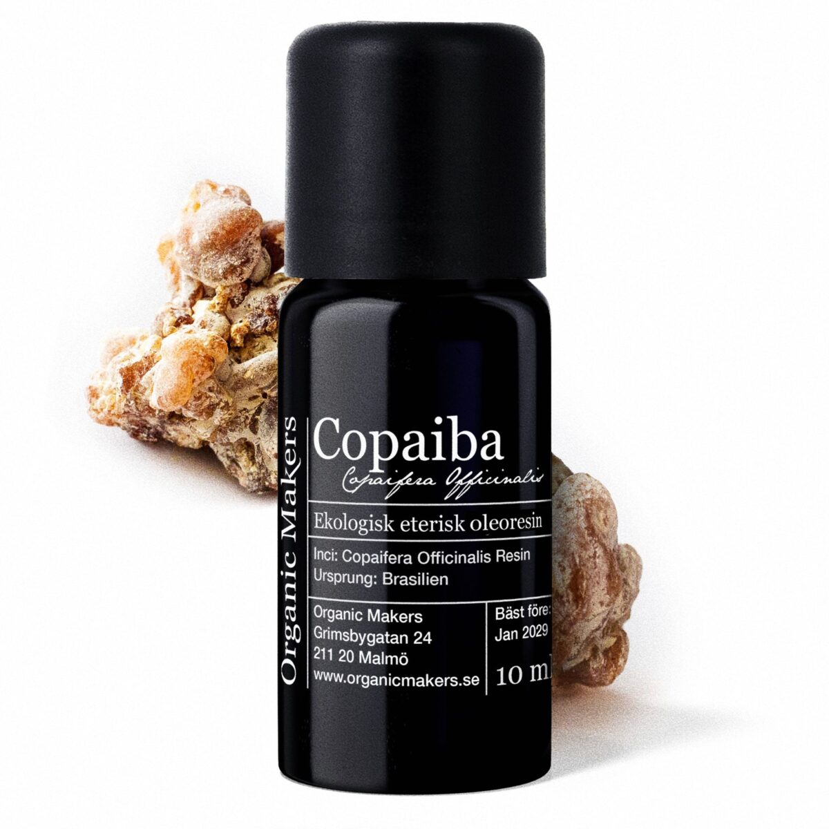 Copaiba eterisk olja oleoresin i uv-skyddande glasflaska.